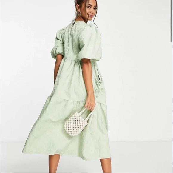 ASOS Light Green Puff Sleeve Midi Dress - Picture 2 of 2